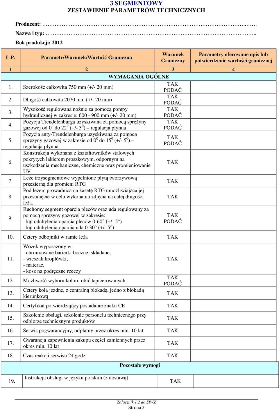 Pozycja Trendelenburga uzyskiwana za pomocą sprężyny gazowej od 0 0 do 22 0 (+/- 3 0 ) regulacja płynna PODAĆ 5.