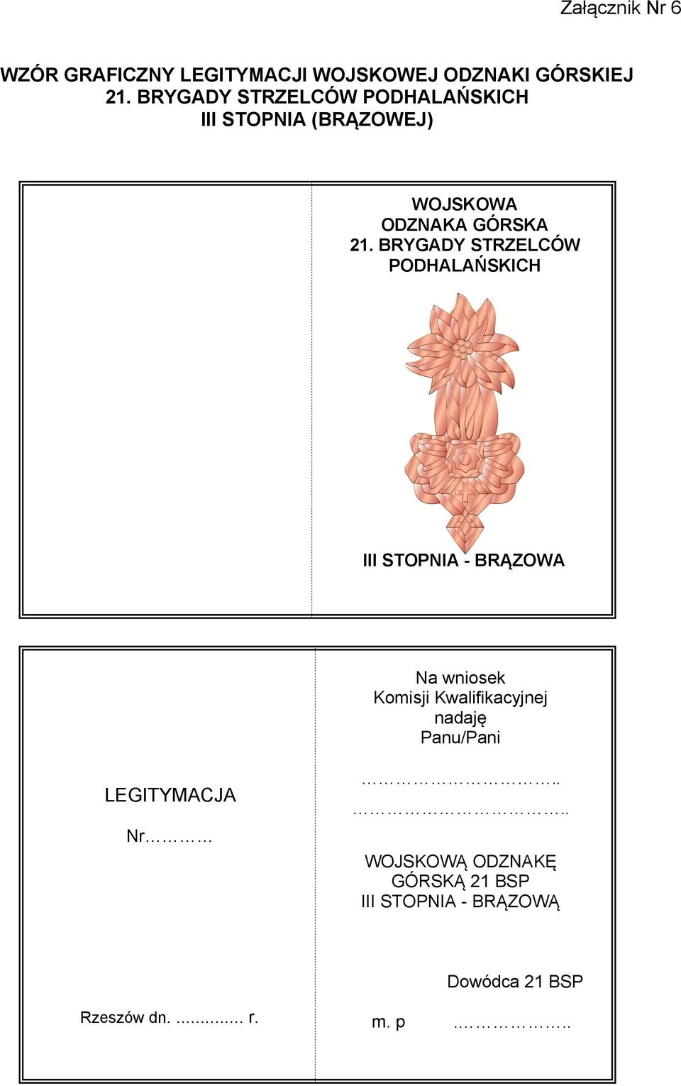 BRYGADY STRZELCÓW PODHALAŃSKICH III STOPNIA - BRĄZOWA Na wniosek Komisji