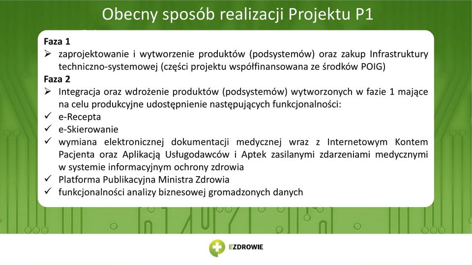 następujących funkcjonalności: e-recepta e-skierowanie wymiana elektronicznej dokumentacji medycznej wraz z Internetowym Kontem Pacjenta oraz Aplikacją Usługodawców