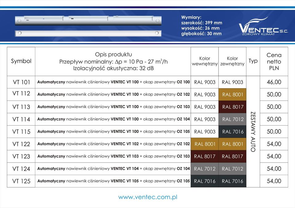 ciœnieniowy VENTEC VT 100 + okap zewnêtrzny OZ 104 VT 115 Automatyczny nawiewnik ciœnieniowy VENTEC VT 100 + okap zewnêtrzny OZ 105 Automatyczny nawiewnik ciœnieniowy VENTEC VT 102 + okap zewnêtrzny