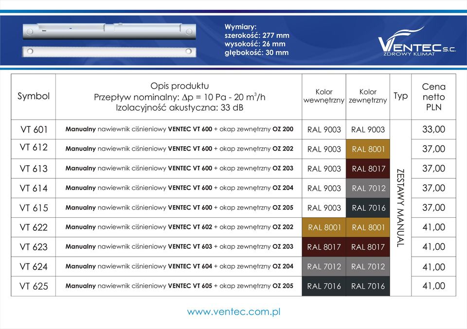 VENTEC VT 600 + okap zewnêtrzny OZ 204 VT 615 Manualny nawiewnik ciœnieniowy VENTEC VT 600 + okap zewnêtrzny OZ 205 Manualny nawiewnik ciœnieniowy VENTEC VT 602 + okap zewnêtrzny OZ 202 Manualny