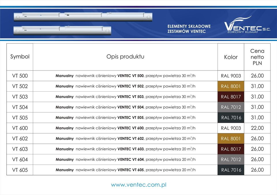 ciœnieniowy VENTEC VT 505, przep³yw powietrza 0 m /h 1,00 VT 600 Manualny nawiewnik ciœnieniowy VENTEC VT 600, przep³yw powietrza 20 m /h 22,00 VT 602 Manualny nawiewnik ciœnieniowy VENTEC VT 602,