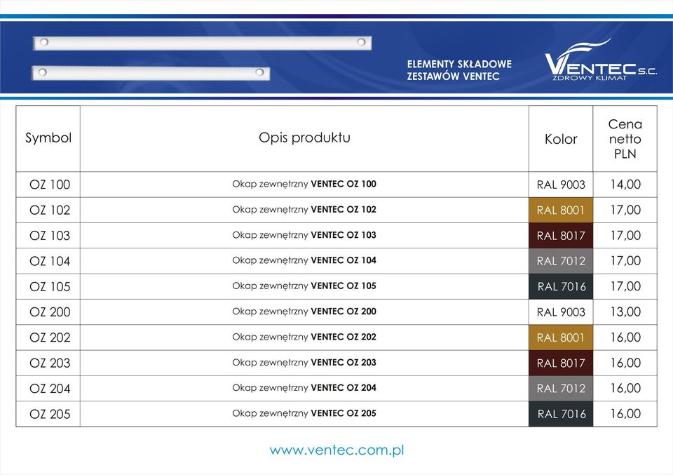 zewnêtrzny VENTEC OZ 105 17,00 OZ 200 Okap zewnêtrzny VENTEC OZ 200 1,00 OZ 202 Okap zewnêtrzny VENTEC OZ