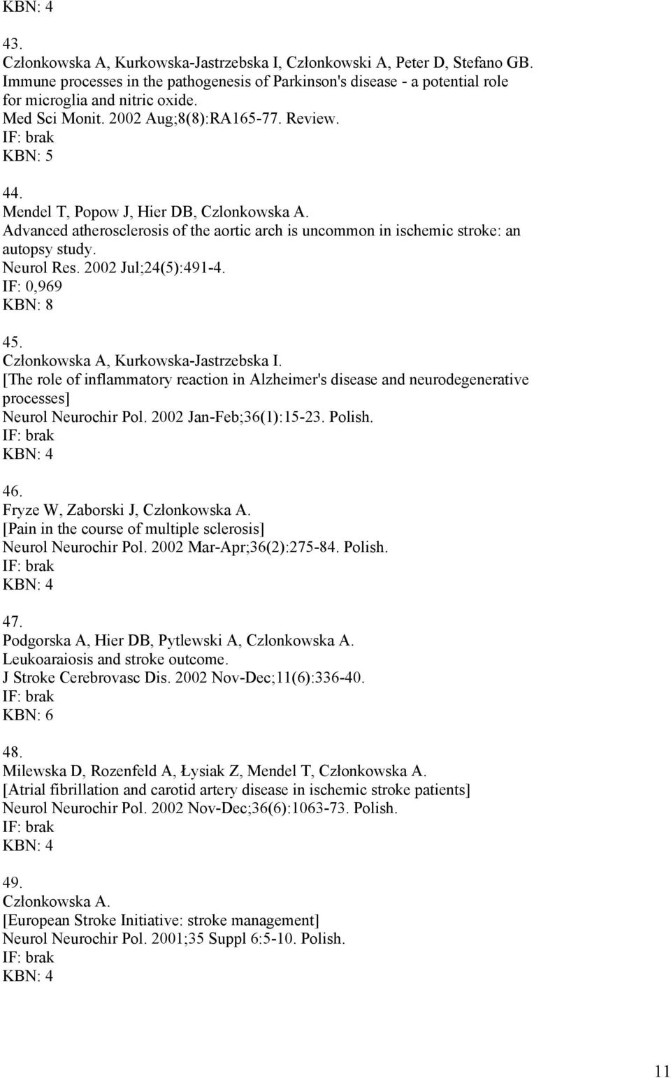 Neurol Res. 2002 Jul;24(5):491-4. IF: 0,969 KBN: 8 45. Członkowska A, Kurkowska-Jastrzebska I.