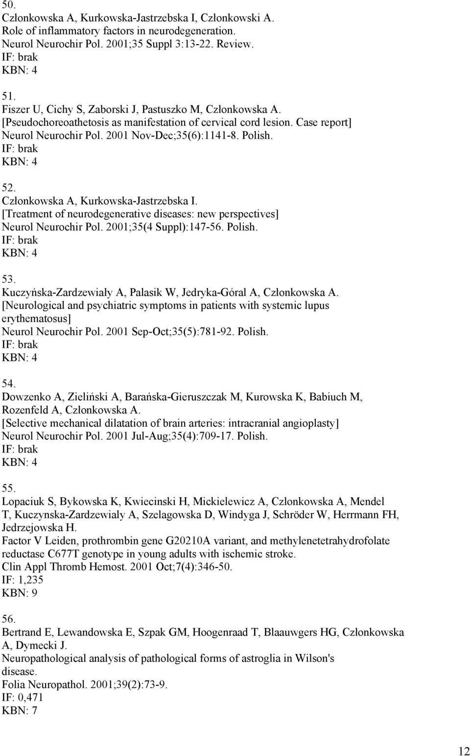 Członkowska A, Kurkowska-Jastrzebska I. [Treatment of neurodegenerative diseases: new perspectives] Neurol Neurochir Pol. 2001;35(4 Suppl):147-56. Polish. 53.