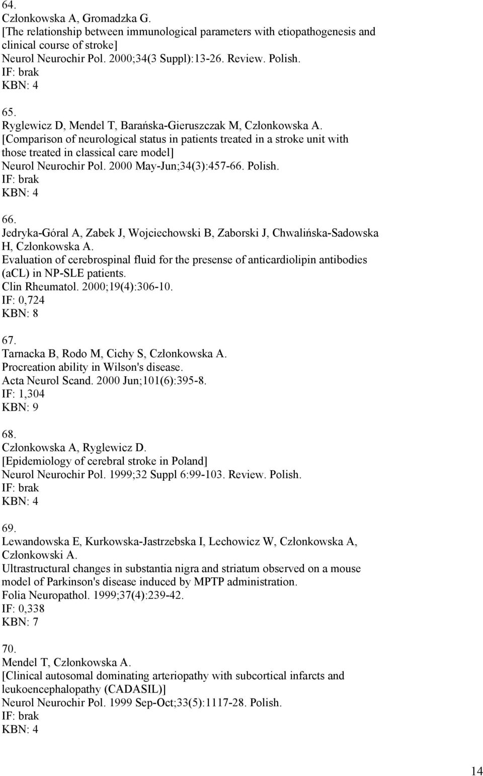 [Comparison of neurological status in patients treated in a stroke unit with those treated in classical care model] Neurol Neurochir Pol. 2000 May-Jun;34(3):457-66. Polish. 66.