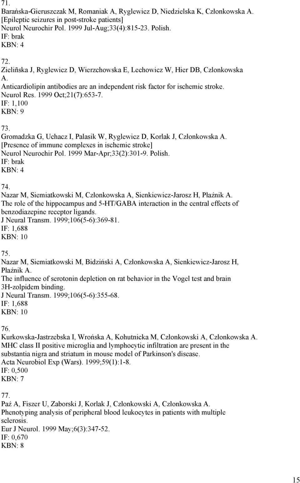 IF: 1,100 KBN: 9 73. Gromadzka G, Uchacz I, Palasik W, Ryglewicz D, Korlak J, Członkowska A. [Presence of immune complexes in ischemic stroke] Neurol Neurochir Pol. 1999 Mar-Apr;33(2):301-9. Polish.