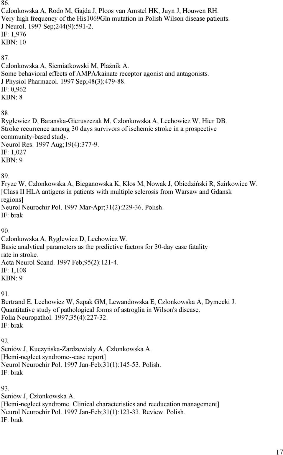 IF: 0,962 KBN: 8 88. Ryglewicz D, Baranska-Gieruszczak M, Czlonkowska A, Lechowicz W, Hier DB. Stroke recurrence among 30 days survivors of ischemic stroke in a prospective community-based study.