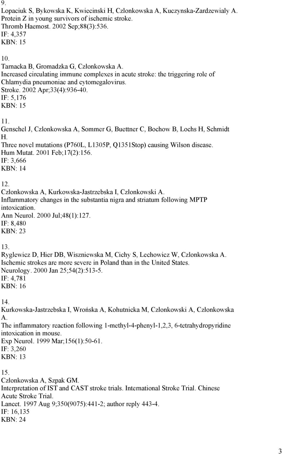 IF: 5,176 KBN: 15 11. Genschel J, Czlonkowska A, Sommer G, Buettner C, Bochow B, Lochs H, Schmidt H. Three novel mutations (P760L, L1305P, Q1351Stop) causing Wilson disease. Hum Mutat.