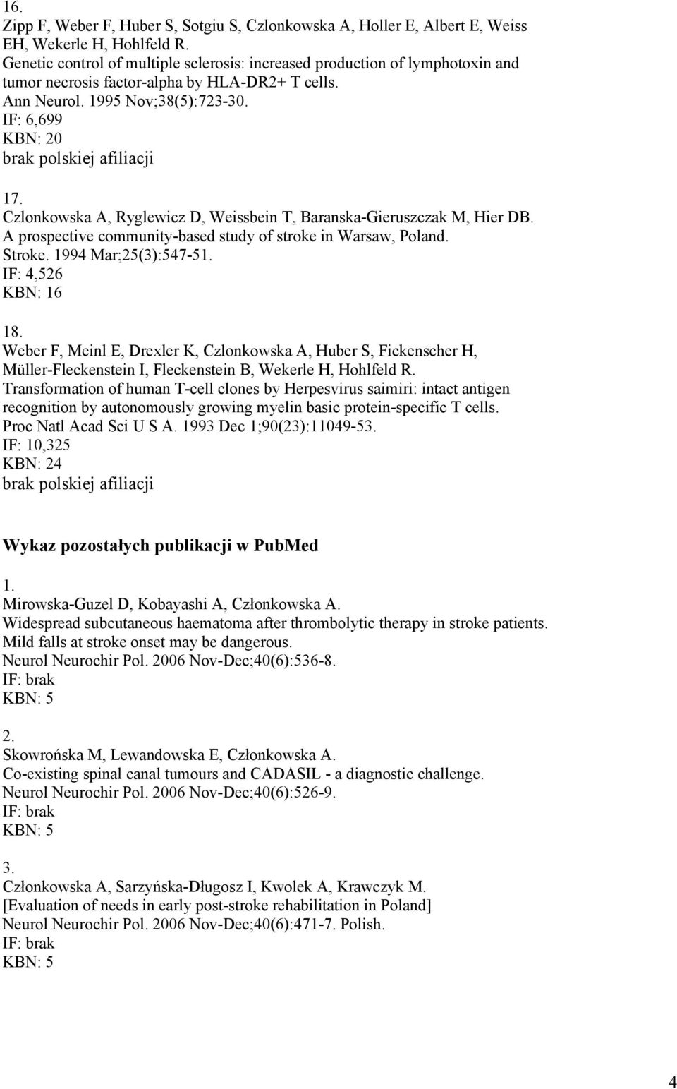 IF: 6,699 KBN: 20 brak polskiej afiliacji 17. Czlonkowska A, Ryglewicz D, Weissbein T, Baranska-Gieruszczak M, Hier DB. A prospective community-based study of stroke in Warsaw, Poland. Stroke.