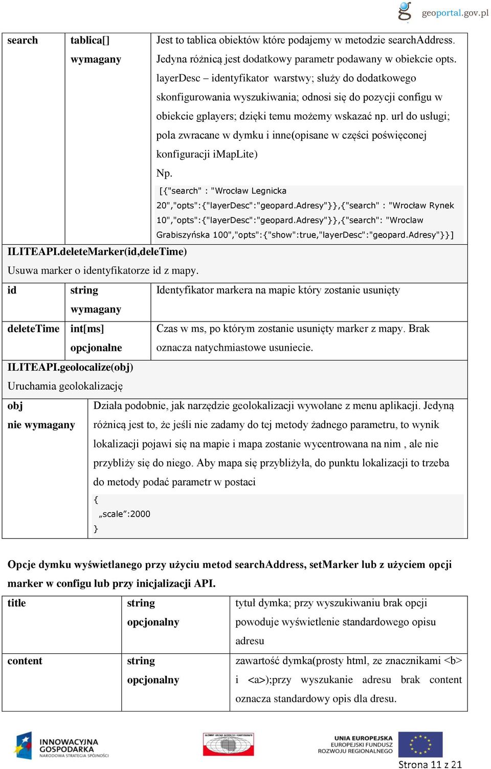 url do usługi; pola zwracane w dymku i inne(opisane w części poświęconej konfiguracji imaplite) Np. [{"search" : "Wrocław Legnicka 20","opts":{"layerDesc":"geopard.