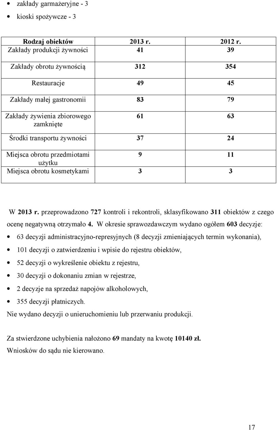 Miejsca obrotu przedmiotami 9 11 użytku Miejsca obrotu kosmetykami 3 3 W 2013 r. przeprowadzono 727 kontroli i rekontroli, sklasyfikowano 311 obiektów z czego ocenę negatywną otrzymało 4.