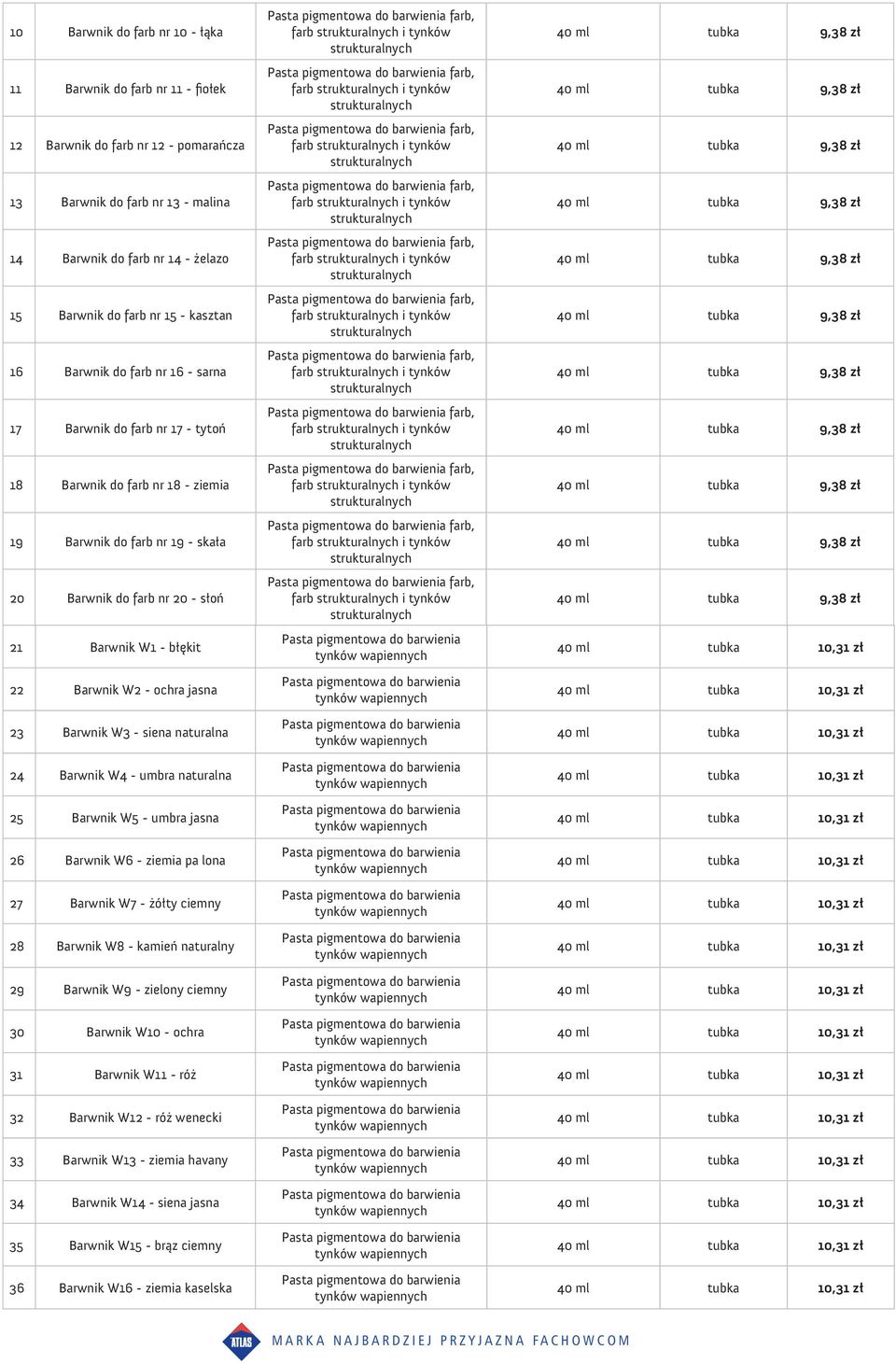 Barwnik W2 - ochra jasna 23 Barwnik W3 - siena naturalna 24 Barwnik W4 - umbra naturalna 25 Barwnik W5 - umbra jasna 26 Barwnik W6 - ziemia pa lona 27 Barwnik W7 - żółty ciemny 28 Barwnik W8 - kamień