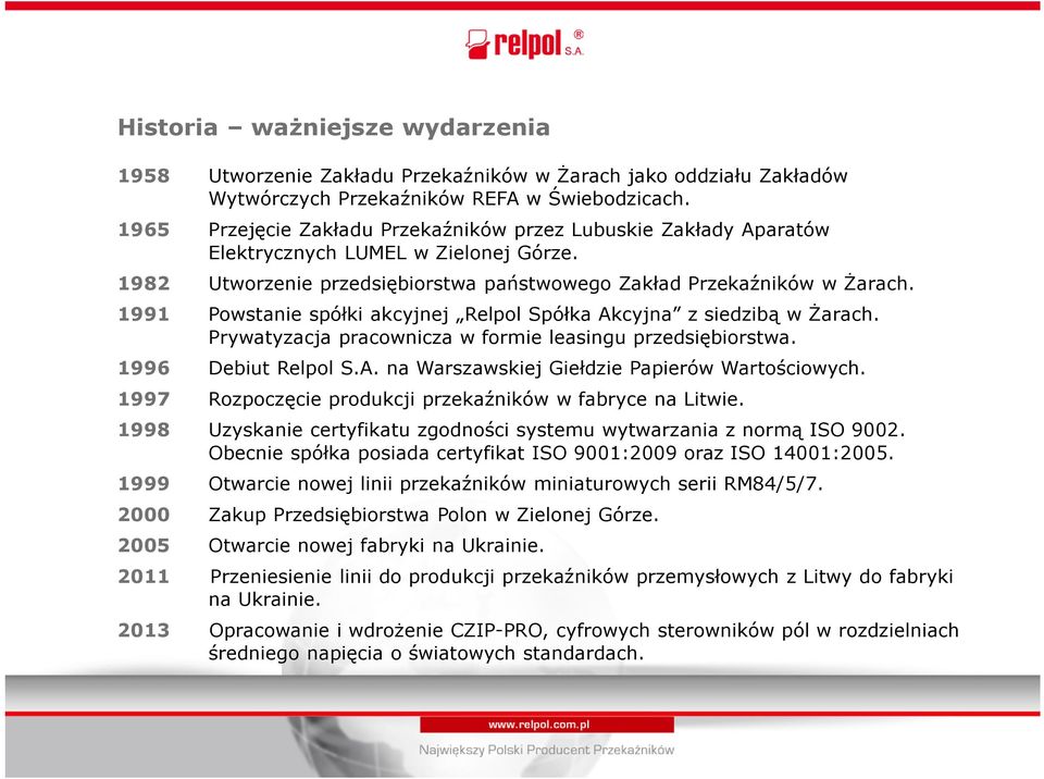 1991 Powstanie spółki akcyjnej Relpol Spółka Akcyjna z siedzibą w Żarach. Prywatyzacja pracownicza w formie leasingu przedsiębiorstwa. 1996 Debiut Relpol S.A. na Warszawskiej Giełdzie Papierów Wartościowych.