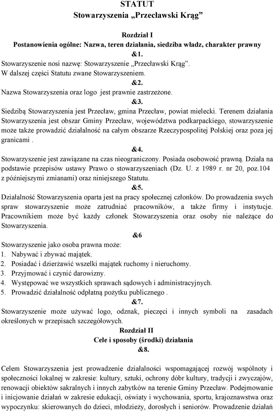 Terenem działania Stowarzyszenia jest obszar Gminy Przecław, województwa podkarpackiego, stowarzyszenie może także prowadzić działalność na całym obszarze Rzeczypospolitej Polskiej oraz poza jej