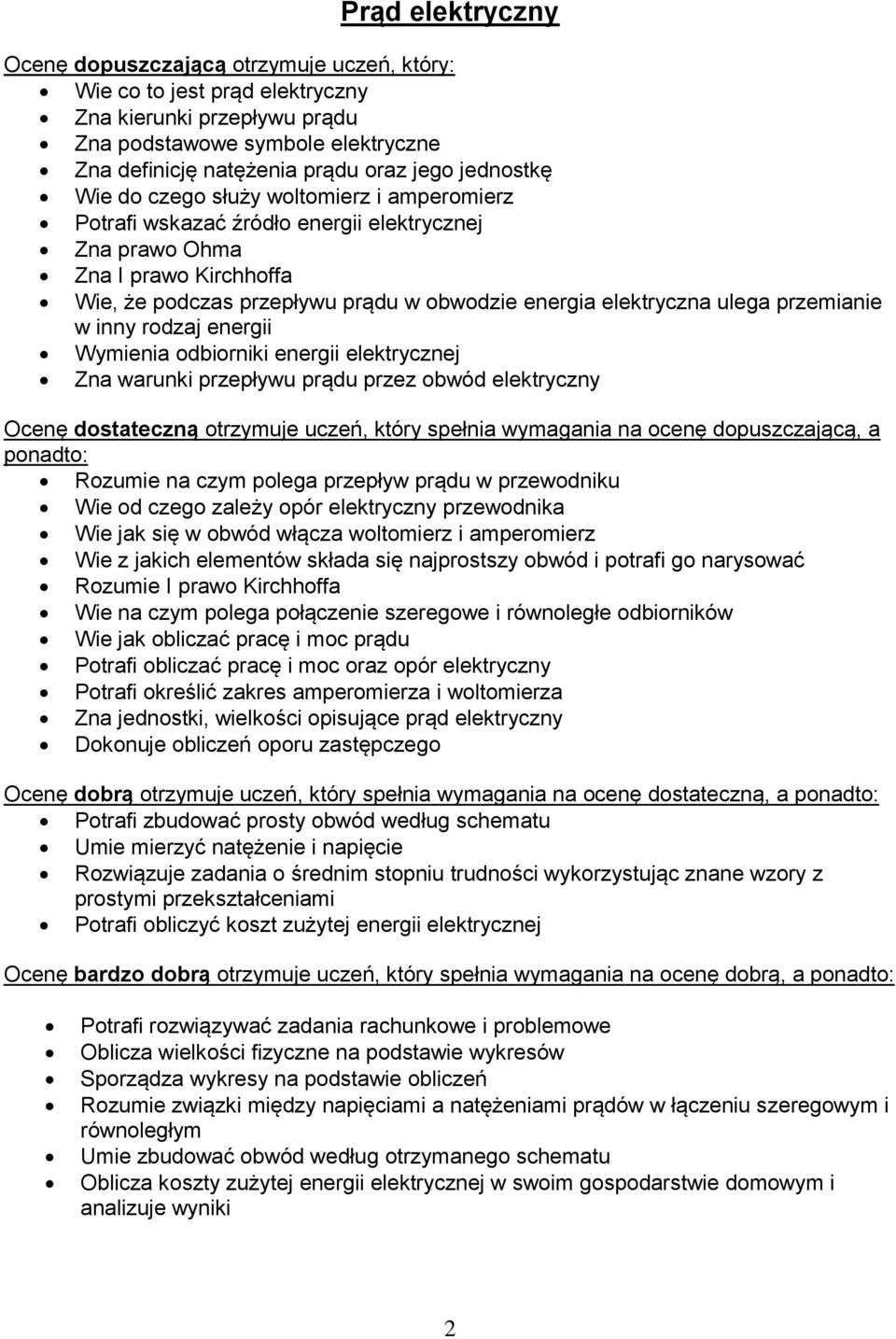 ulega przemianie w inny rodzaj energii Wymienia odbiorniki energii elektrycznej Zna warunki przepływu prądu przez obwód elektryczny Ocenę dostateczną otrzymuje uczeń, który spełnia wymagania na ocenę