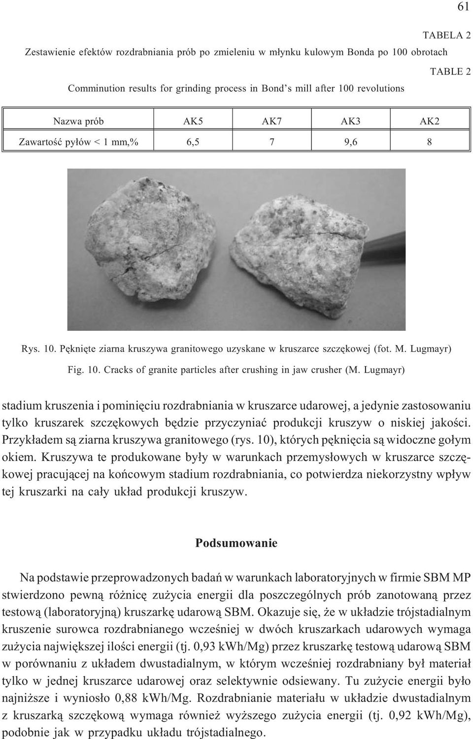 Lugmayr) stadium kruszenia i pominiêciu rozdrabniania w kruszarce udarowej, a jedynie zastosowaniu tylko kruszarek szczêkowych bêdzie przyczyniaæ produkcji kruszyw o niskiej jakoœci.