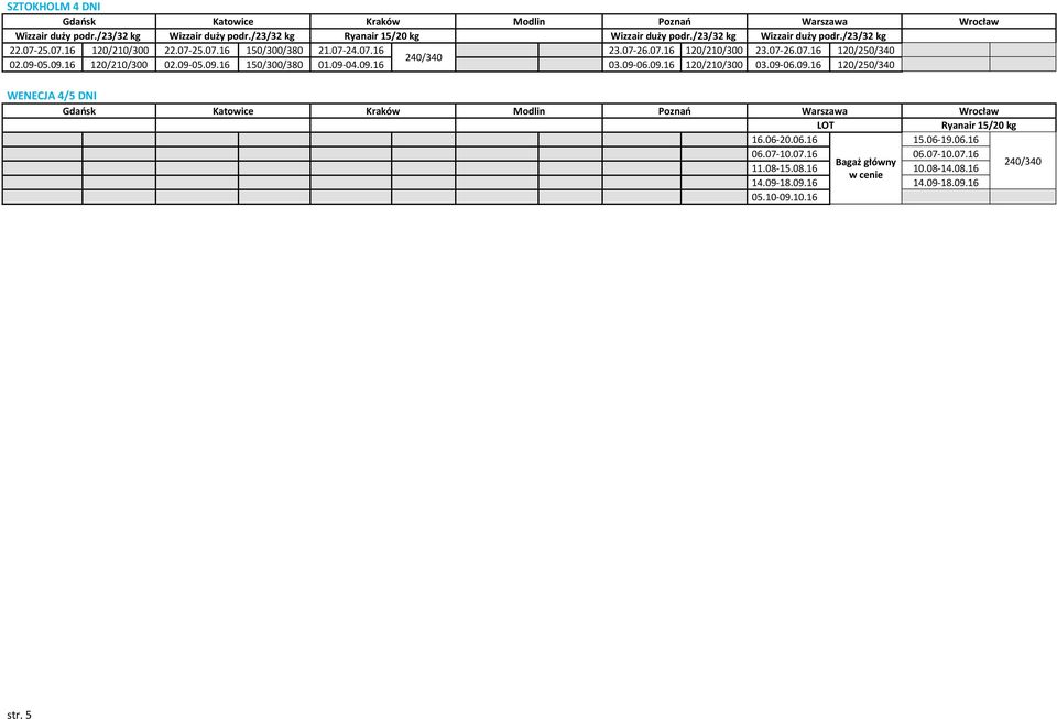 09-06.09.16 120/210/300 03.09-06.09.16 120/250/340 WENECJA 4/5 DNI LOT 16.06-20.06.16 15.06-19.06.16 06.07-10.07.16 06.07-10.07.16 Bagaż główny 11.