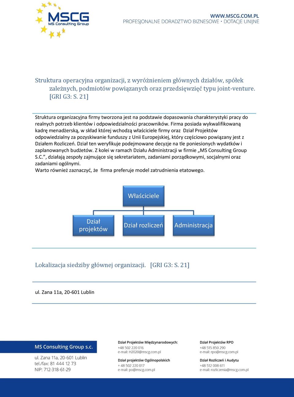 Firma posiada wykwalifikowaną kadrę menadżerską, w skład której wchodzą właściciele firmy oraz Dział Projektów odpowiedzialny za pozyskiwanie funduszy z Unii Europejskiej, który częściowo powiązany