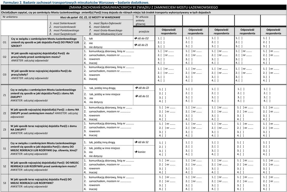 środek transportu wykorzystywany w tych dojazdach Nr ankietera klucz do pytań O2, Z2, S2 MOSTY W WARSZAWIE Nr arkusza ankiety głównej O1 O2 O3 1. most Siekierkowski 2. most Łazienkowski 3.