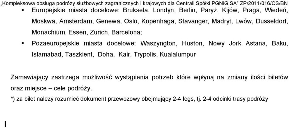 Islamabad, Taszkiet, Doha, Kair, Trypolis, Kualalumpur Zamawiający zastrzega możliwość wystąpieia potrzeb które wpłyą a zmiay ilości