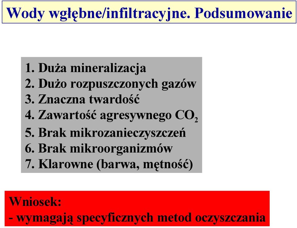 Zawartość agresywnego CO 2 5. Brak mikrozanieczyszczeń 6.