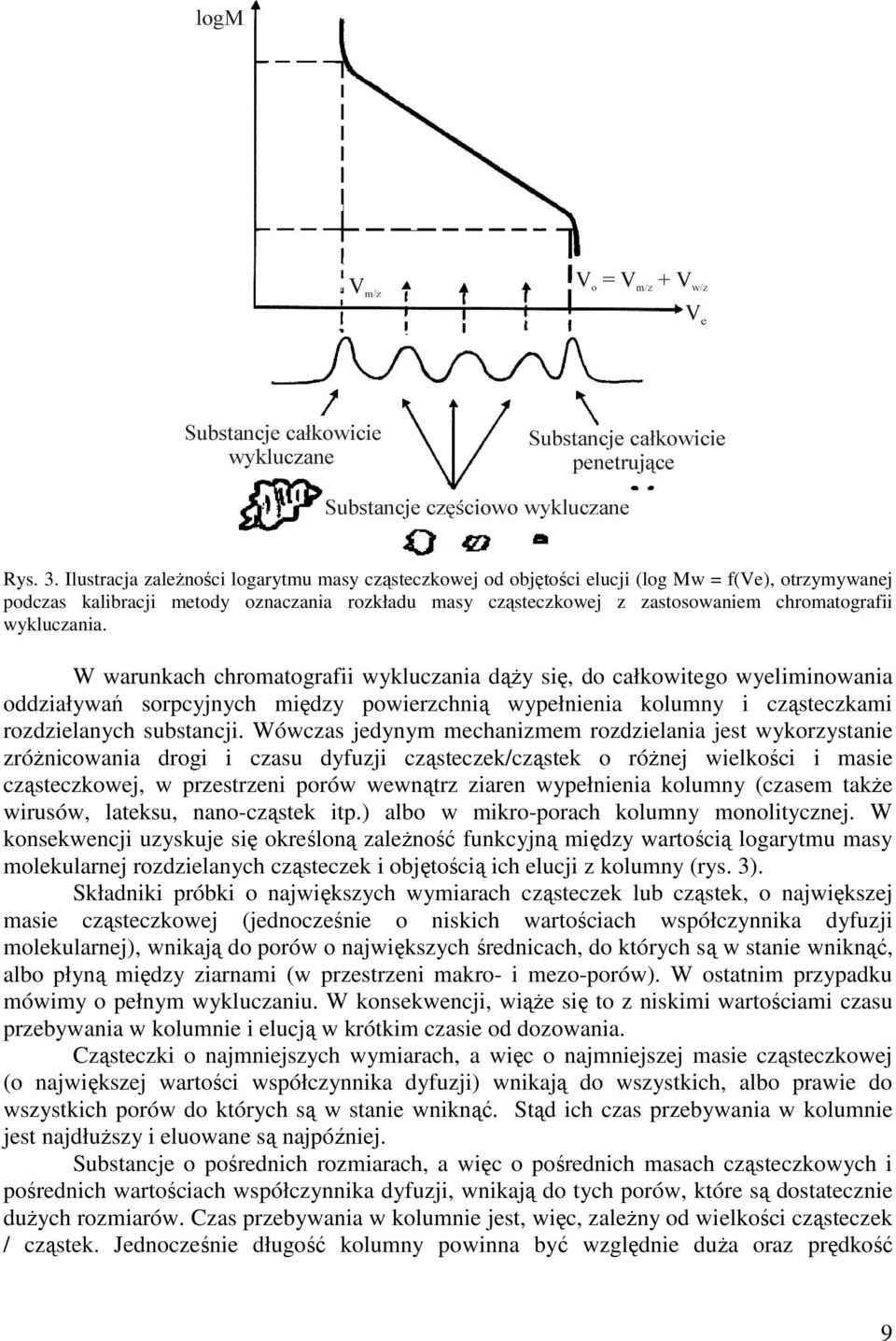 wykluczania. W warunkach chromatografii wykluczania dąży się, do całkowitego wyeliminowania oddziaływań sorpcyjnych między powierzchnią wypełnienia kolumny i cząsteczkami rozdzielanych substancji.