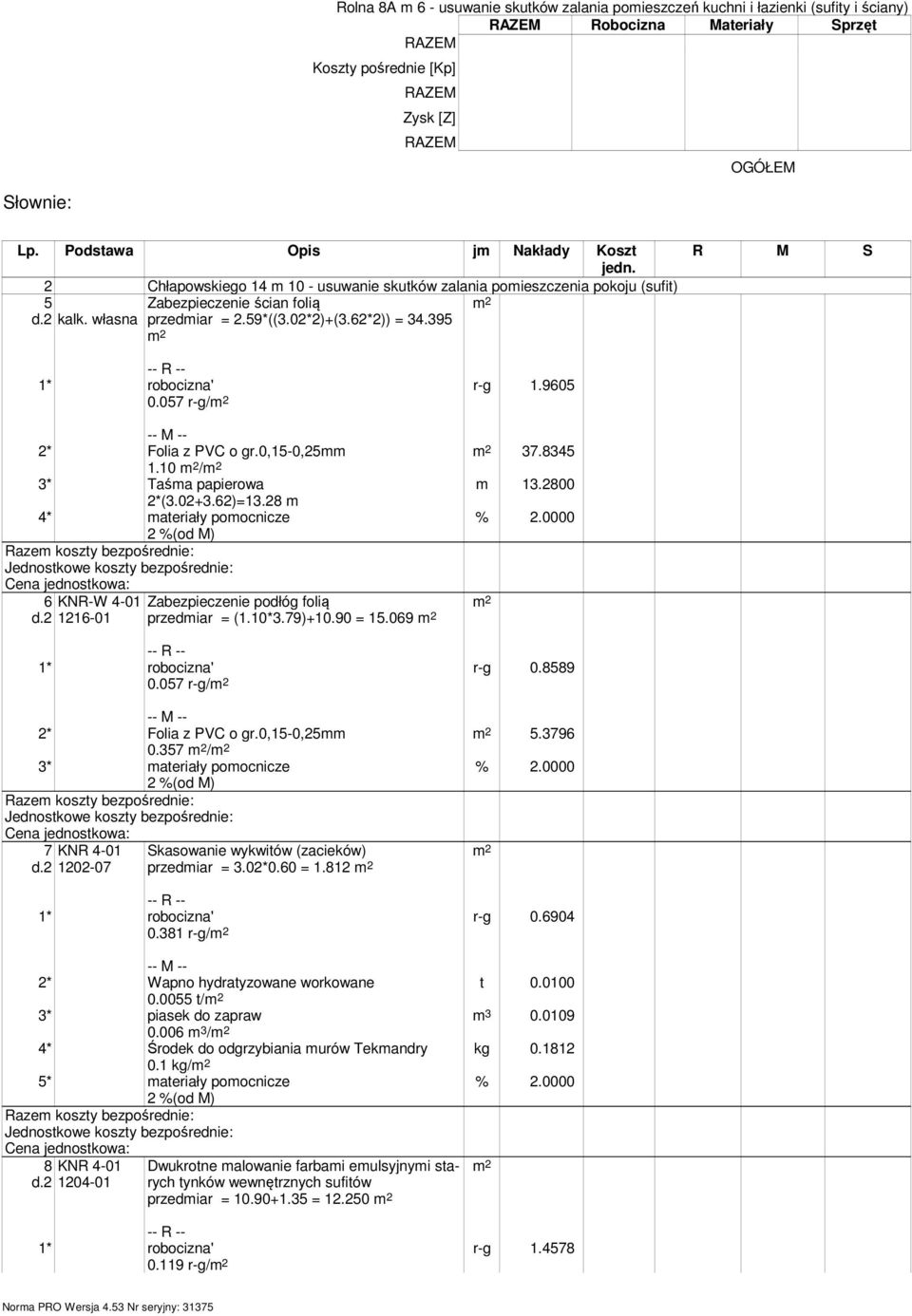 395 0.057 r-g/ r-g 1.9605 37.8345 1.10 / 3* Taśma papierowa m 13.2800 2*(3.02+3.62)=13.28 m 4* materiały pomocnicze 6 d.2 KNR-W 4-01 1216-01 Zabezpieczenie podłóg folią przedmiar = (1.10*3.79)+10.
