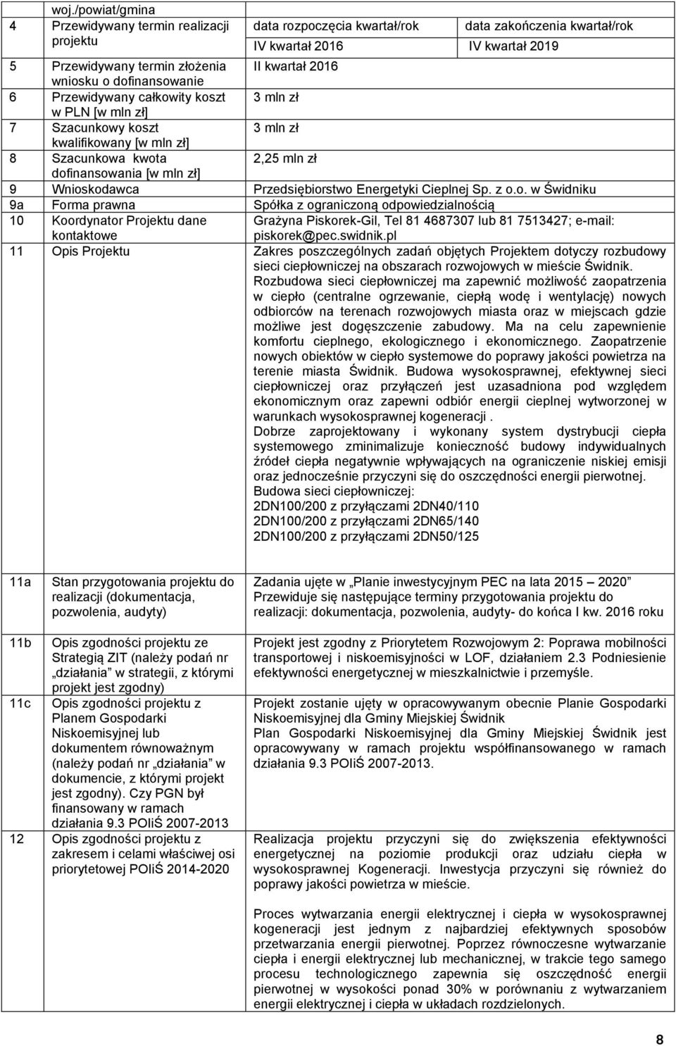 Wnioskodawca Przedsiębiorstwo Energetyki Cieplnej Sp. z o.o. w Świdniku 9a Forma prawna Spółka z ograniczoną odpowiedzialnością 10 Koordynator Projektu dane kontaktowe Grażyna Piskorek-Gil, Tel 81 4687307 lub 81 7513427; e-mail: piskorek@pec.