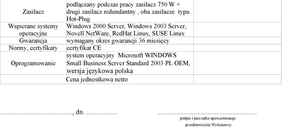 SUSE Linux wymagany okres gwarancji 36 miesięcy certyfikat CE system operacyjny Microsoft WINDOWS Small Business Server