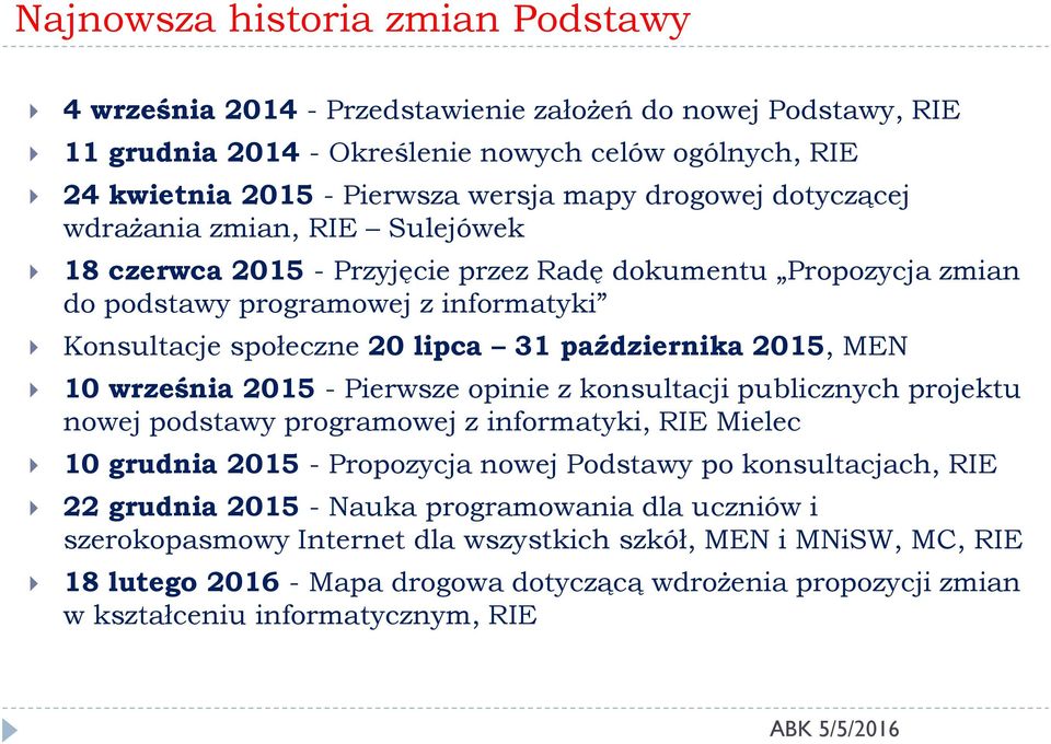 października 2015, MEN 10 września 2015 - Pierwsze opinie z konsultacji publicznych projektu nowej podstawy programowej z informatyki, RIE Mielec 10 grudnia 2015 - Propozycja nowej Podstawy po