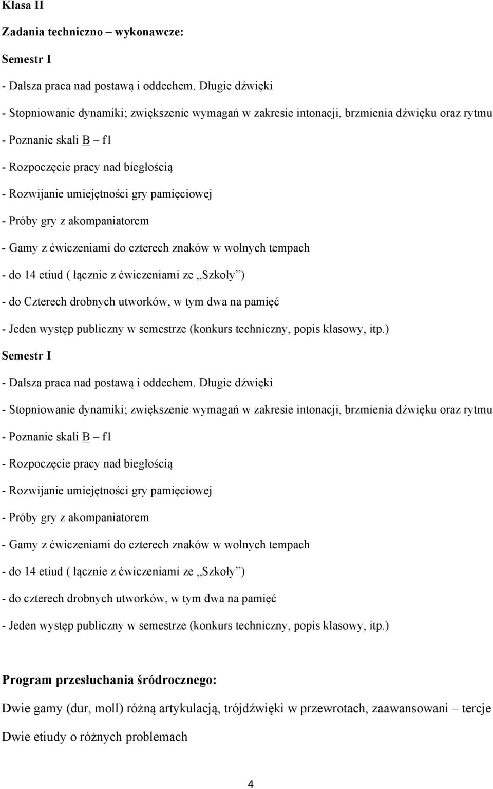 pamięciowej - Próby gry z akompaniatorem - Gamy z ćwiczeniami do czterech znaków w wolnych tempach - do 14 etiud ( łącznie z ćwiczeniami ze Szkoły ) - do Czterech drobnych utworków, w tym dwa na