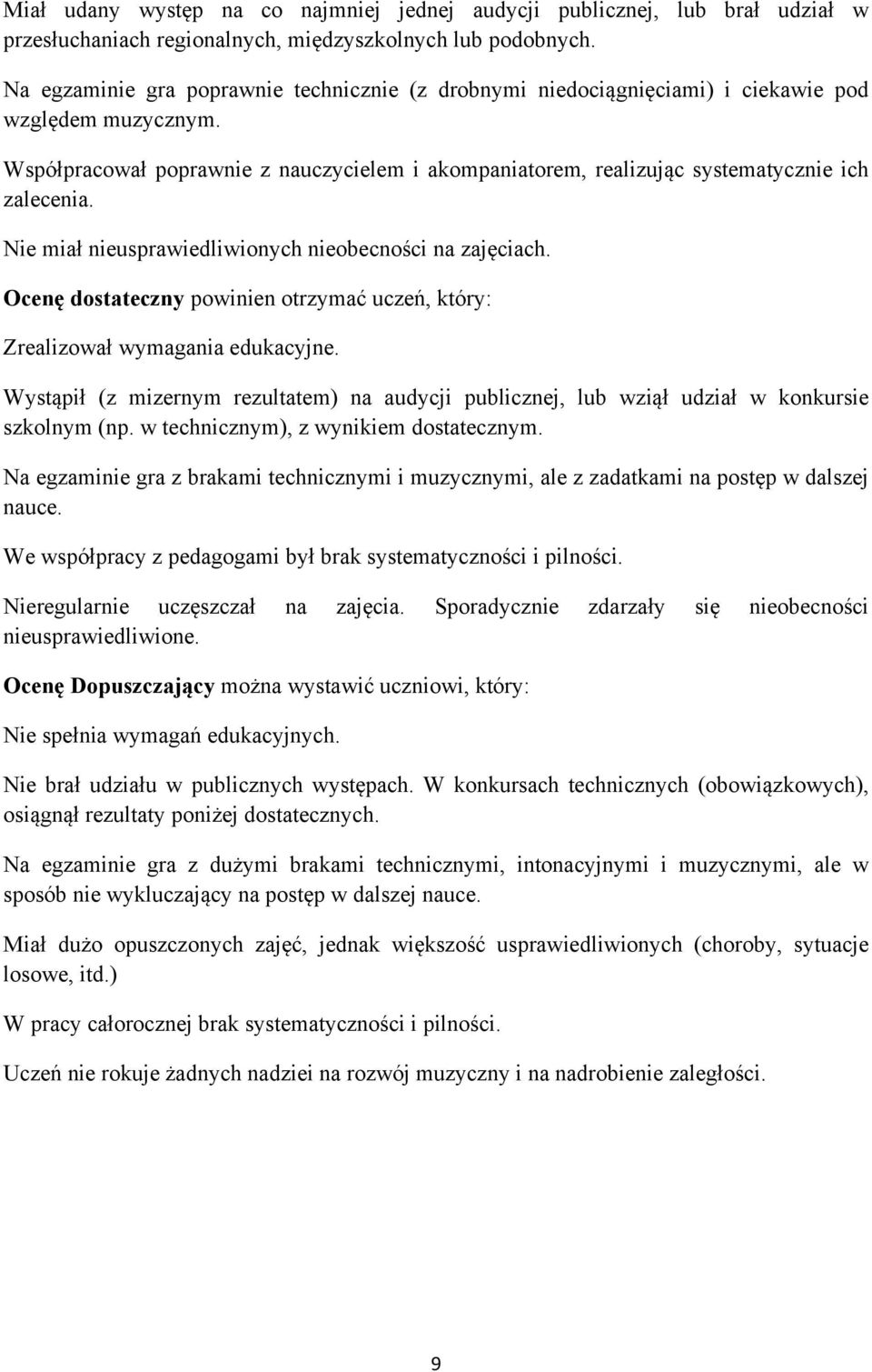 Współpracował poprawnie z nauczycielem i akompaniatorem, realizując systematycznie ich zalecenia. Nie miał nieusprawiedliwionych nieobecności na zajęciach.