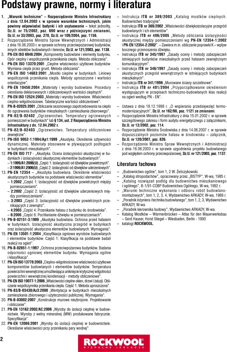 1156. 2. Rozporządzenie Ministra Spraw Wewnętrznych i Administracji z dnia 16.06.2003 r. w sprawie ochrony przeciwpożarowej budynków, innych obiektów budowlanych i terenów, Dz.U. nr 121/2003, poz.