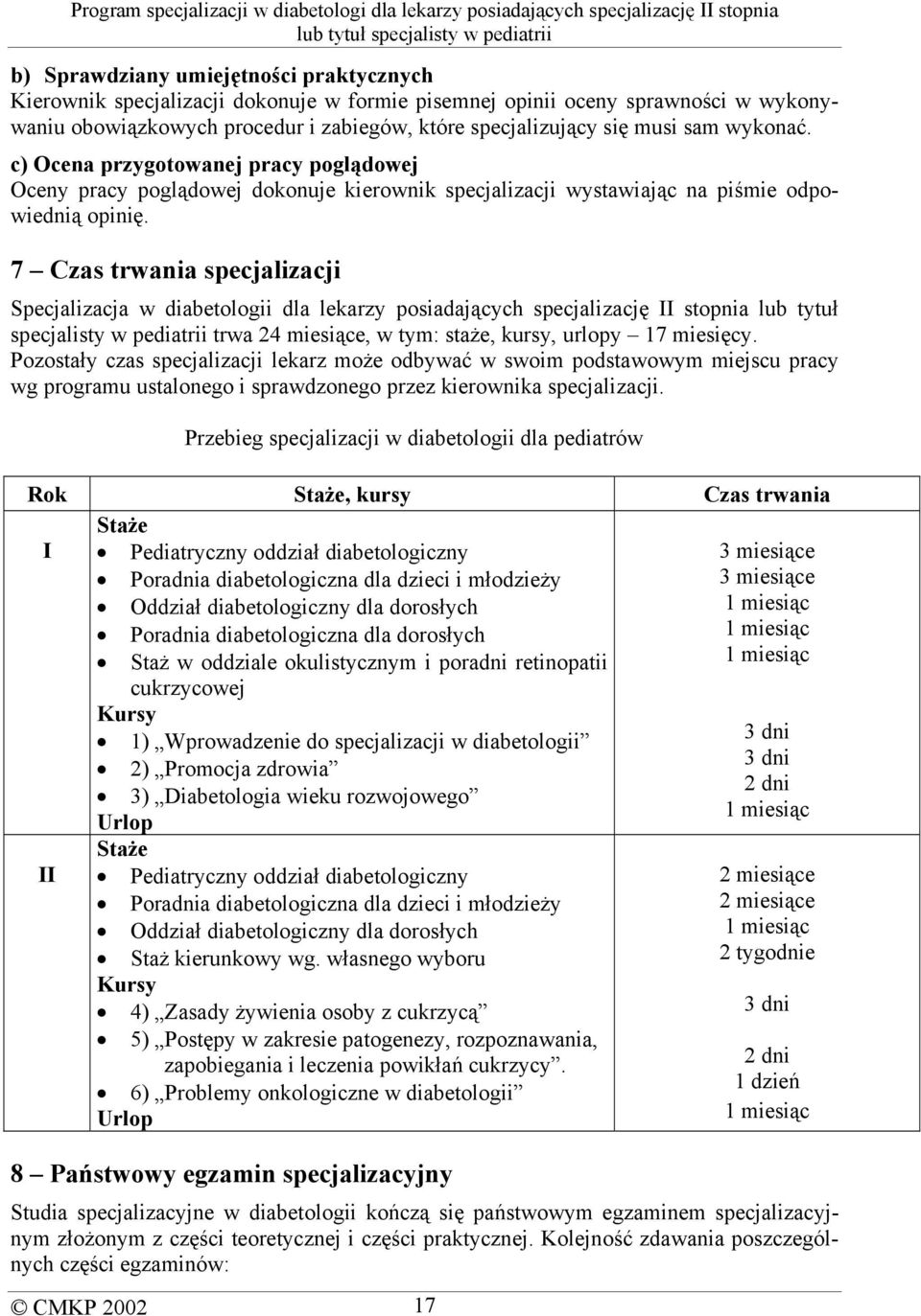 7 Czas trwania specjalizacji Specjalizacja w diabetologii dla lekarzy posiadających specjalizację II stopnia lub tytuł specjalisty w pediatrii trwa 24 miesiące, w tym: staże, kursy, urlopy 17