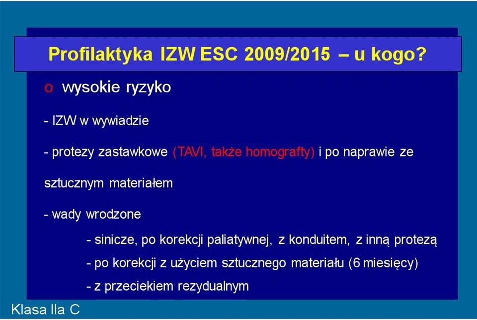 po naprawie ze sztucznym materiałem - wady wrodzone Klasa IIa C - sinicze, po