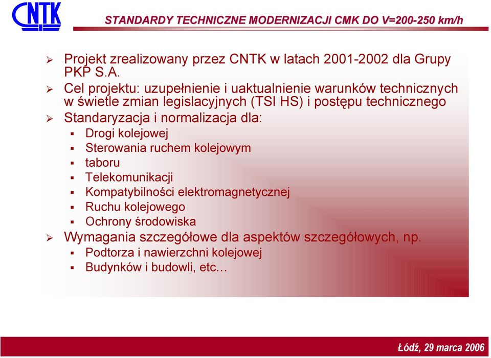 Standaryzacja i normalizacja dla: Drogi kolejowej Sterowania ruchem kolejowym taboru Telekomunikacji Kompatybilności