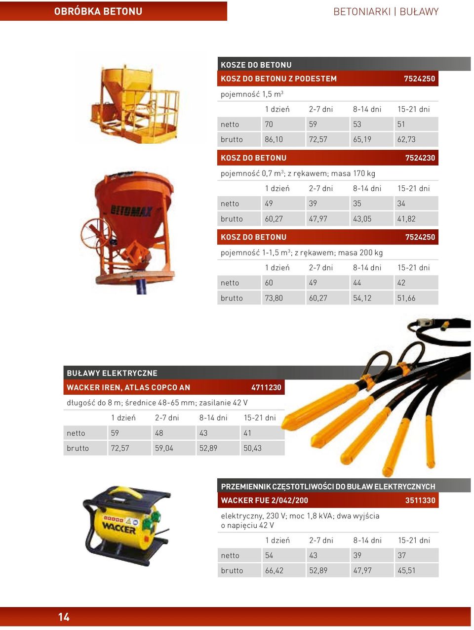 brutto 73,80 60,27 54,12 51,66 BUŁAWY ELEKTRYCZNE WACKER IREN, ATLAS COPCO AN 4711230 długość do 8 m; średnice 48-65 mm; zasilanie 42 V netto 59 48 43 41 brutto 72,57 59,04 52,89