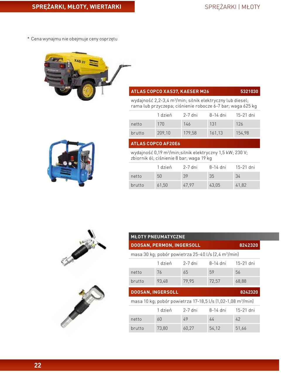 zbiornik 6l; ciśnienie 8 bar; waga 19 kg netto 50 39 35 34 brutto 61,50 47,97 43,05 41,82 MŁOTY PNEUMATYCZNE DOOSAN, PERMON, INGERSOLL 8242320 masa 30 kg; pobór powietrza 25-40 l/s (2,4 m 3