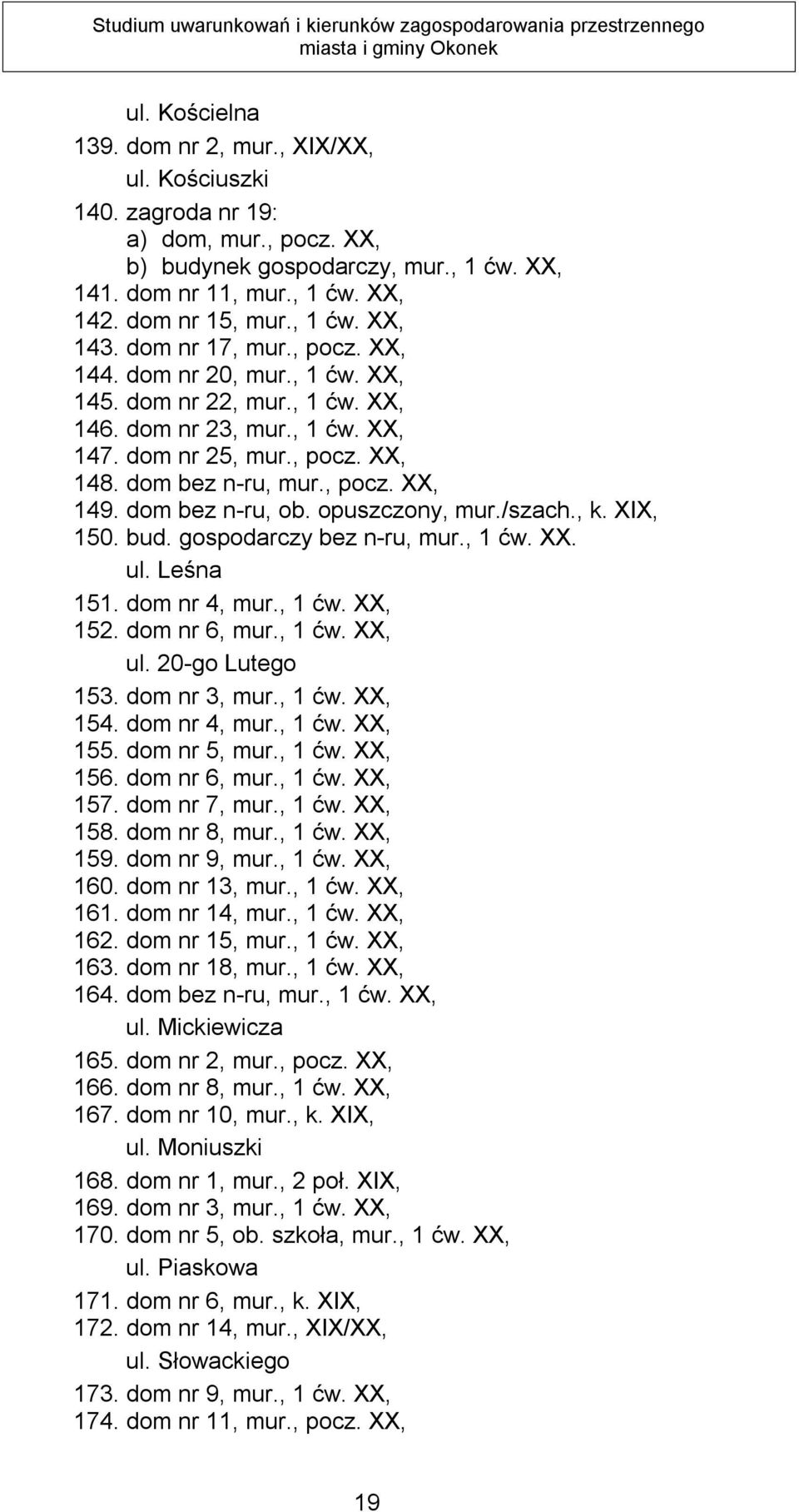 , pocz. XX, 149. dom bez n-ru, ob. opuszczony, mur./szach., k. XIX, 150. bud. gospodarczy bez n-ru, mur., 1 ćw. XX. ul. Leśna 151. dom nr 4, mur., 1 ćw. XX, 152. dom nr 6, mur., 1 ćw. XX, ul.