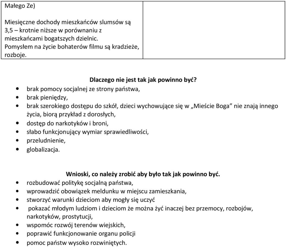 brak pomocy socjalnej ze strony państwa, brak pieniędzy, brak szerokiego dostępu do szkół, dzieci wychowujące się w Mieście Boga nie znają innego życia, biorą przykład z dorosłych, dostęp do