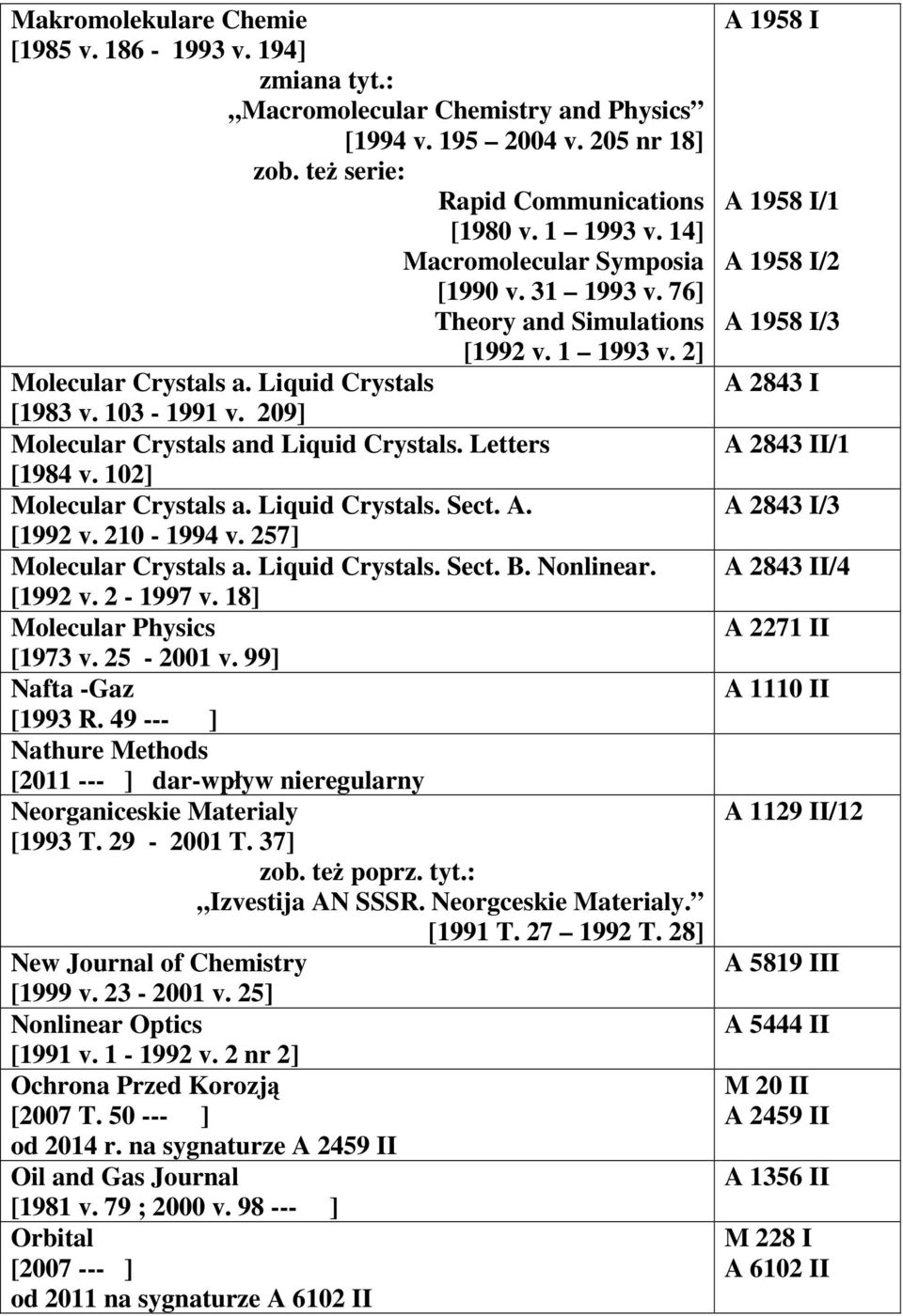 Letters [1984 v. 102] Molecular Crystals a. Liquid Crystals. Sect. A. [1992 v. 210-1994 v. 257] Molecular Crystals a. Liquid Crystals. Sect. B. Nonlinear. [1992 v. 2-1997 v.