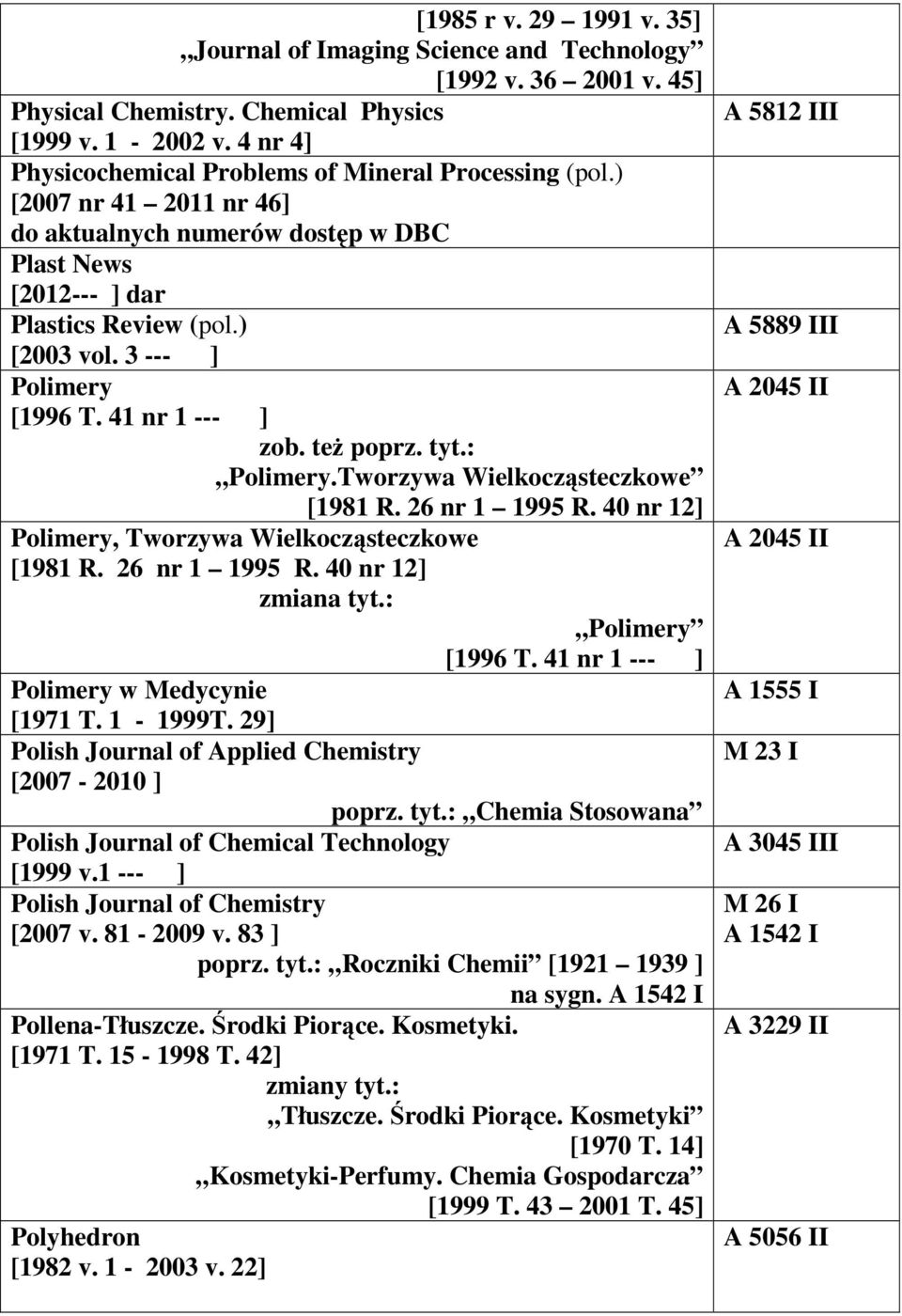 3 --- ] Polimery [1996 T. 41 nr 1 --- ] Polimery.Tworzywa Wielkocząsteczkowe [1981 R. 26 nr 1 1995 R. 40 nr 12] Polimery, Tworzywa Wielkocząsteczkowe [1981 R. 26 nr 1 1995 R. 40 nr 12] Polimery [1996 T.