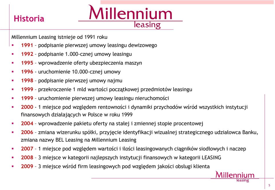 000-cznej umowy 1998 podpisanie pierwszej umowy najmu 1999 przekroczenie 1 mld wartości początkowej przedmiotów leasingu 1999 uruchomienie pierwszej umowy leasingu nieruchomości 2000-1 miejsce pod