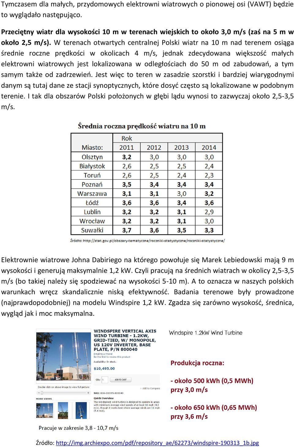 W terenach otwartych centralnej Polski wiatr na 10 m nad terenem osiąga średnie roczne prędkości w okolicach 4 m/s, jednak zdecydowana większość małych elektrowni wiatrowych jest lokalizowana w