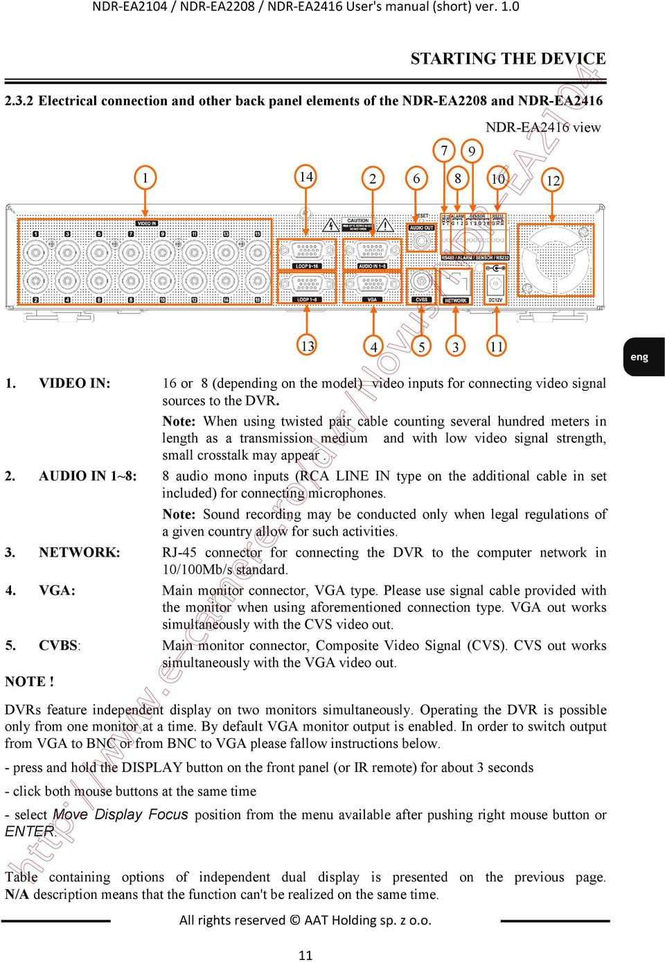 Note: When using twisted pair cable counting several hundred meters in length as a transmission medium and with low video signal strength, small crosstalk may appear. 2.