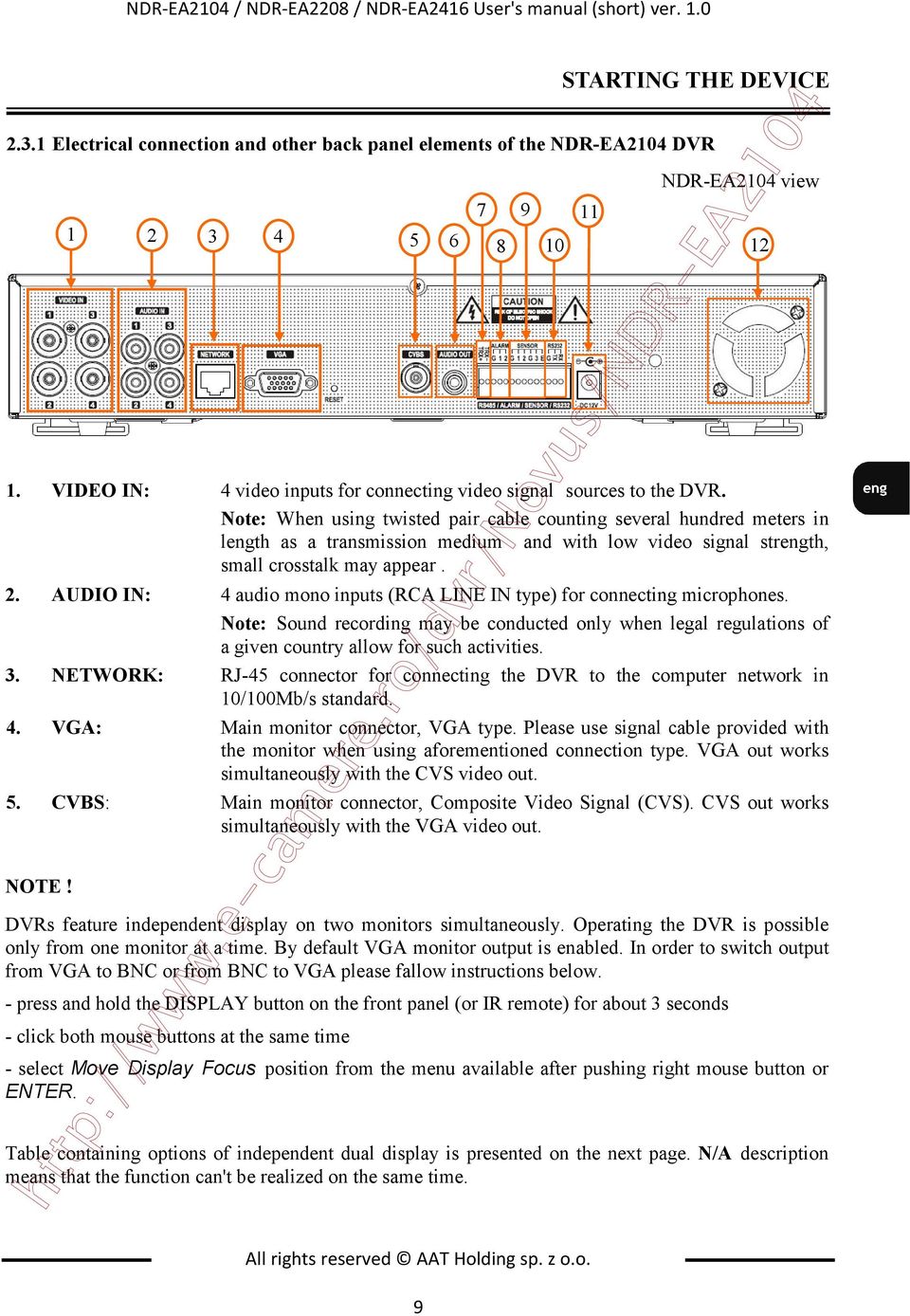 Note: When using twisted pair cable counting several hundred meters in length as a transmission medium and with low video signal strength, small crosstalk may appear. 2.