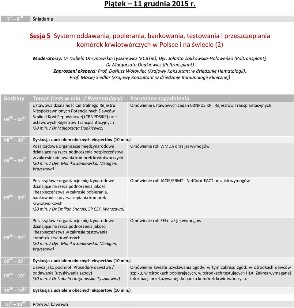 Maciej Siedlar (Krajowy Konsultant w dziedzinie Immunologii Klinicznej) 08 00 08 30 Ustawowa działalnośd Centralnego Rejestru Niespokrewnionych Potencjalnych Dawców Szpiku i Krwi Pępowinowej