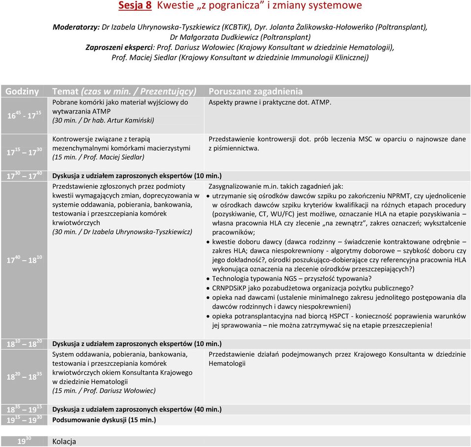 Artur Kamioski) Aspekty prawne i praktyczne dot. ATMP. Kontrowersje związane z terapią 17 15 17 30 mezenchymalnymi komórkami macierzystymi (15 min. / Prof.