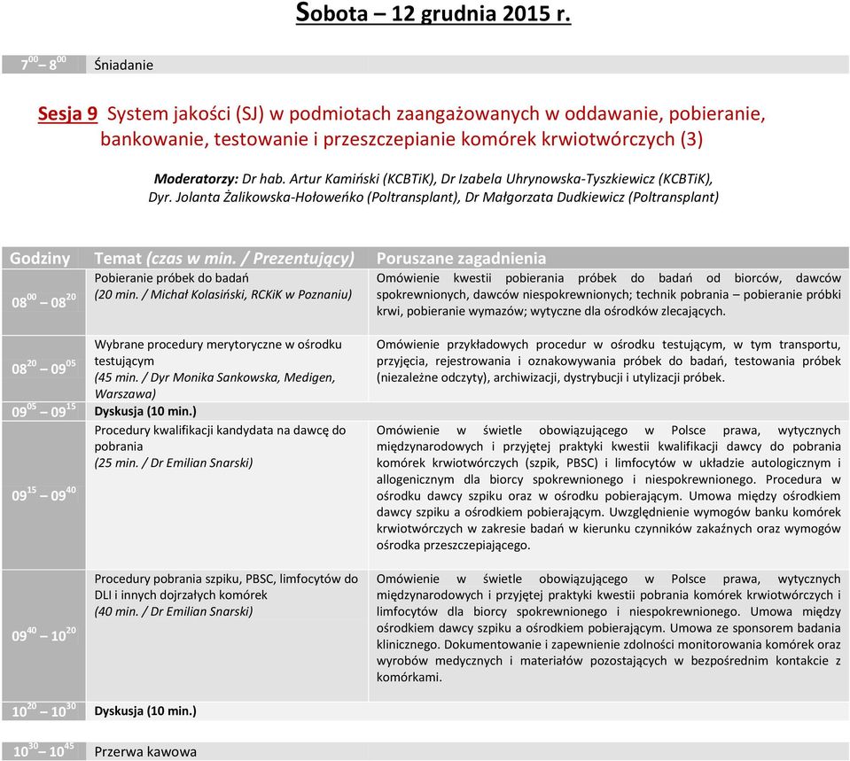 Artur Kamioski (KCBTiK), Dr Izabela Uhrynowska-Tyszkiewicz (KCBTiK), Dyr. Jolanta Żalikowska-Hołoweoko (Poltransplant), 08 00 08 20 Pobieranie próbek do badao (20 min.